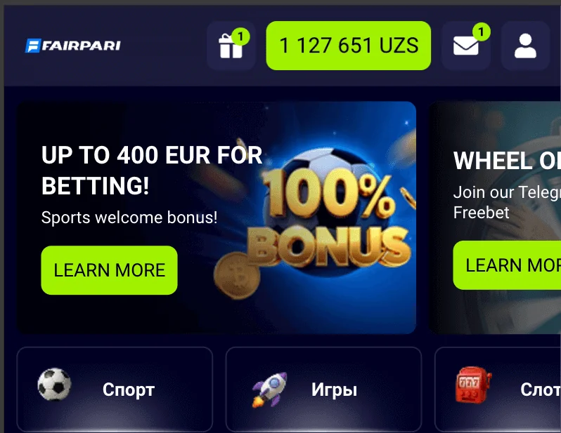 FairPari APK: главный экран приложения на телефоне — ставки, казино, UZS